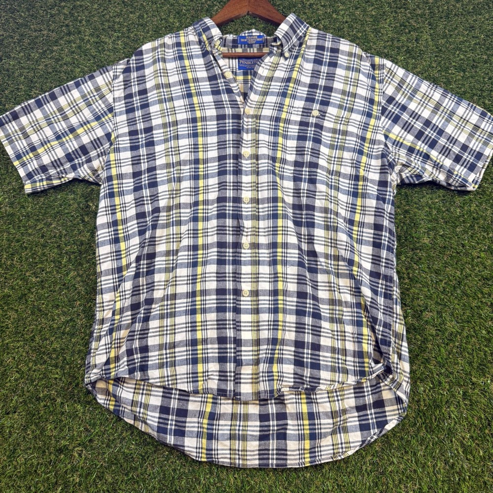 Pendleton Oceanside Mens Plaid Short Sleeve Button Down Shirt Navy Yellow Cotton